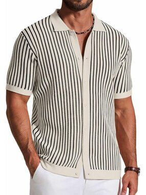 Men's Beige Black Stripe Knit Short Sleeve Button Down Polo Striped Casual Shirt